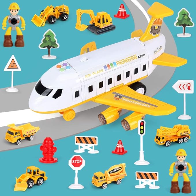 25 Pack Transport Construction Airplane Toy Play Vehicles Set for Kids Gifts, with 6 Construction Die-cast Toy Truck, 11 Road Signs-Suitable for 3 4 5 6 Year Old Boys and Girls