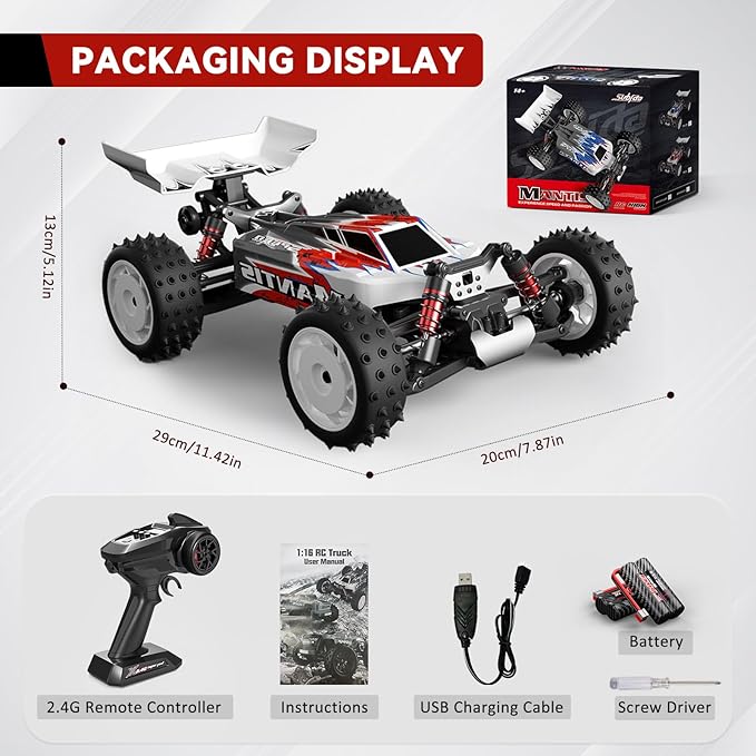 1/16 Fast Remote Control Car for Adults, Electric Vehicle Gift for Boys, High Speed RC with Max 48 mph Offroad Buggy, All Terrains RC Monster Truck with 2 sets of Rechargeable Batteries (Red)