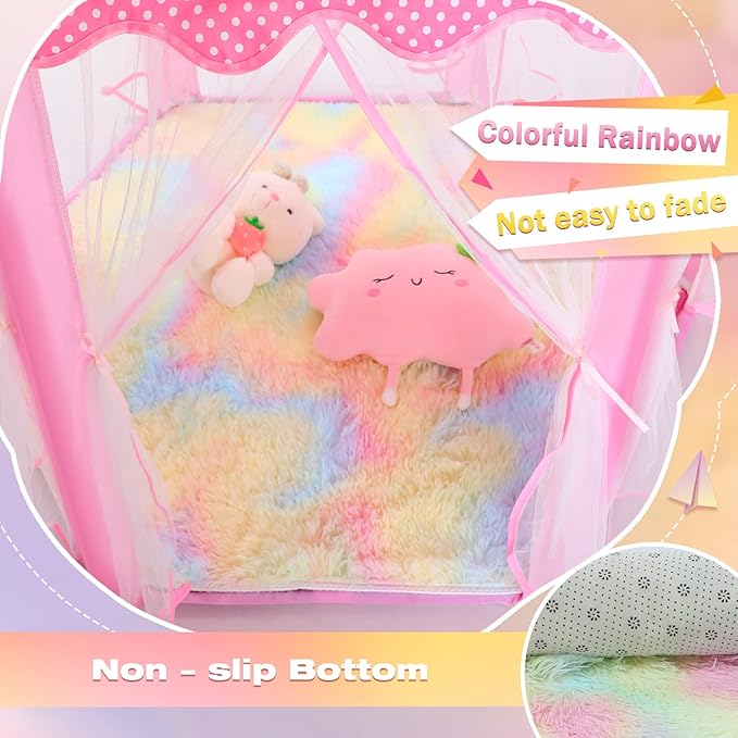 Princess Tent with Rainbow Rug, Little Star Lights for Girls, Pink Play Tent for Kids, Girls Toys Set for Indoor Princess Games Decor, Princess Castle Playhouse