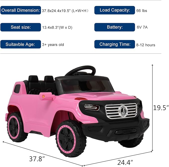 VALUE BOX Electric Remote Control Truck, Kids Toddler Ride On Cars 6V Battery Motorized Vehicles Children's Best Toy Car Safe with 3 Speeds, Music, seat Belts, LED Lights and Realistic Horns (Pink)…