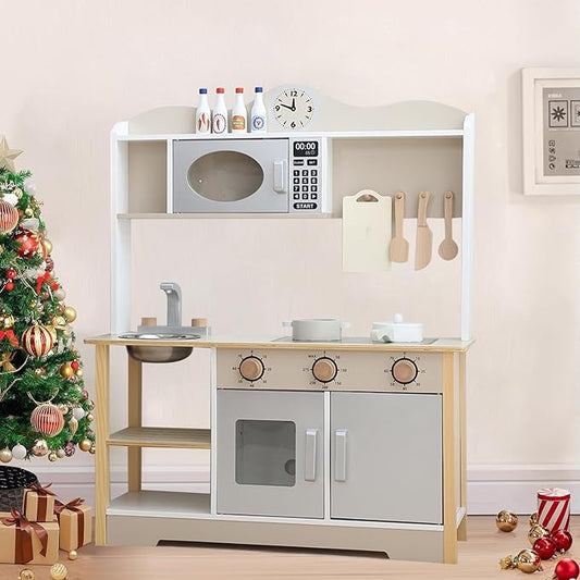 Kids Play Kitchen, Wooden Toy Kitchen Playset for Kids with 12 Pcs Toy Food & Cookware Accessories, Childrens Pretend Kitchen Playset for 3+ Years Old