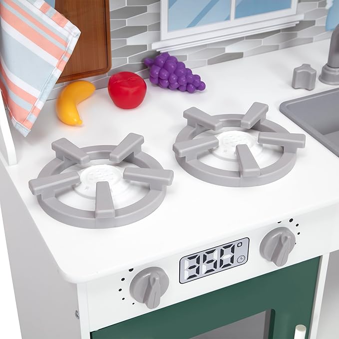 Delta Children Tiny Chef Play Kitchen - Toy Kitchen Playset with Realistic Knobs That Turn/Click, Oven, Sink, Microwave and 15 Pieces of Play Food, Green