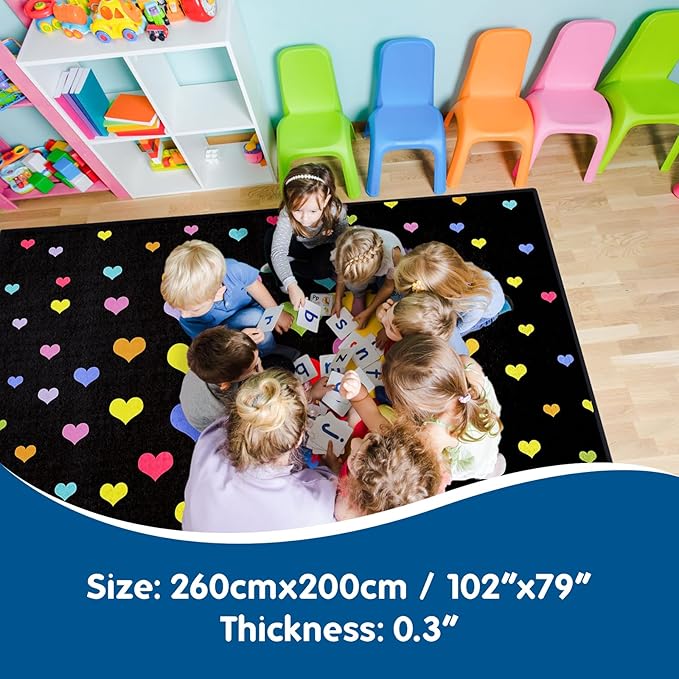 Booooom Jackson Black Classroom Rug Elementary, Large Heart Classroom Carpet Preshool Seating Rug for School, Classroom Area Rug Educational Carpet with Non-Slip Backing (6.5 x 8.5 ft, G004-Love-Plus)