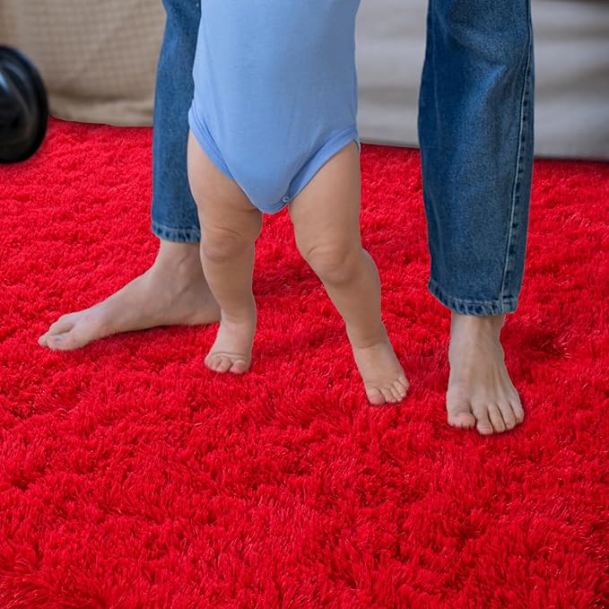 Super Fluffy 8x10 Rugs for Living Room, Modern Shag Red Area Rugs, Soft and Cozy Plush Large Under Bed Carpet for Kids, Girls Boys and Teens Decorations for Bedroom Dorm Nursery Classroom