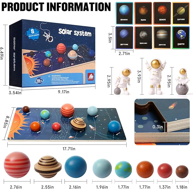 Wooden Solar System Model Board，Kids Solar System with Astronauts ，Montessori Planet Toys,Educational Planets Balls,Preschool Learning Puzzle，Space Knowledge Flash Cards Learning Toys for Kids