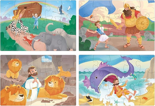 Bible Puzzles for Kids, 4-in-1 Wooden Jigsaw Puzzles in Box 15 Piece Each, Christian Religious Toys for Kids, Noah’s Ark | Daniel in The Lion’s Den | David and Goliath (Old Testament)