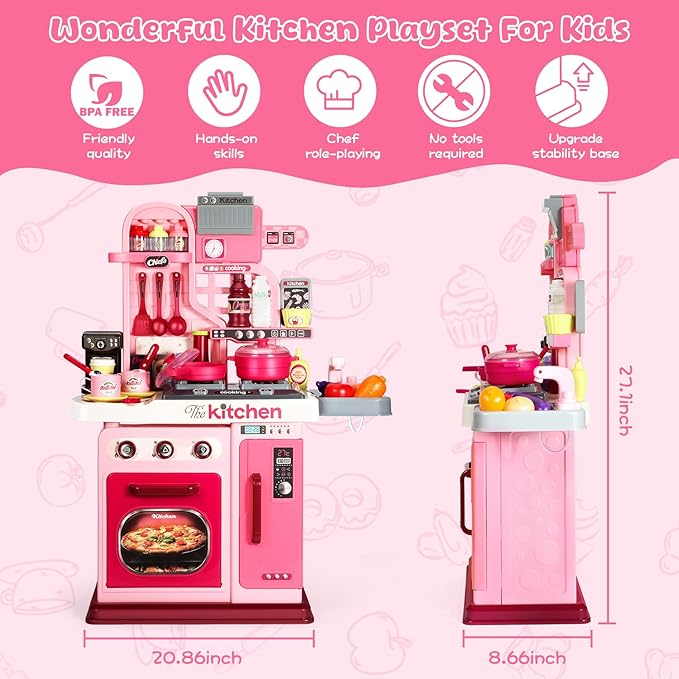 Kids Kitchen Playset, 27.1 Inches Play Kitchen with Sound and Light, Kitchen Set for Toddlers 1-3 3-5, Cooking Stove, Play Sink and Kitchen Accessories, Toy Kitchen (Pink)