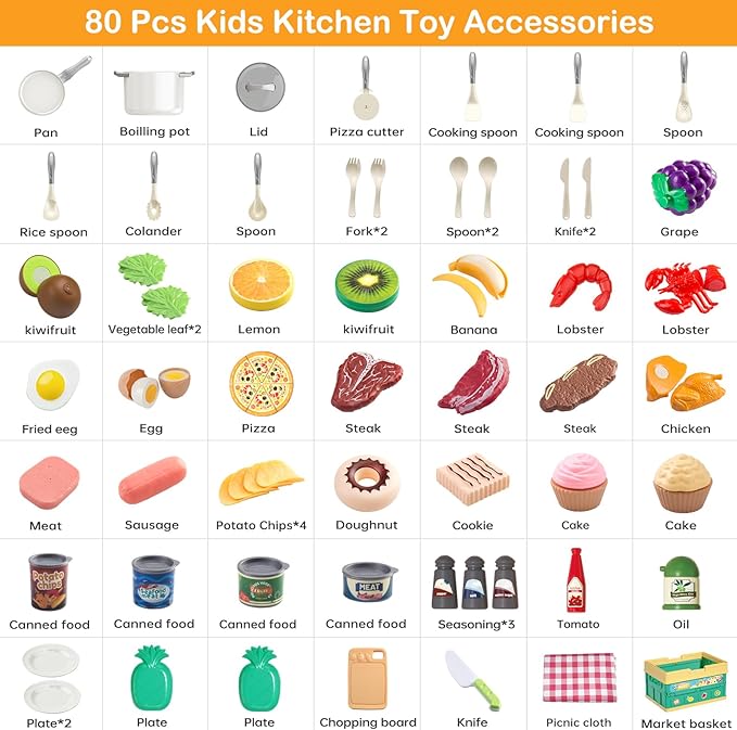 80Pcs Kitchen Playset, Toddler Pretend Cooking with Pots, Pans, Cookware, Food, Picnic Blanket, Fruits, Veges, Shopping Storage Basket, Dessert, Learning Gift for Girls Boys (White)