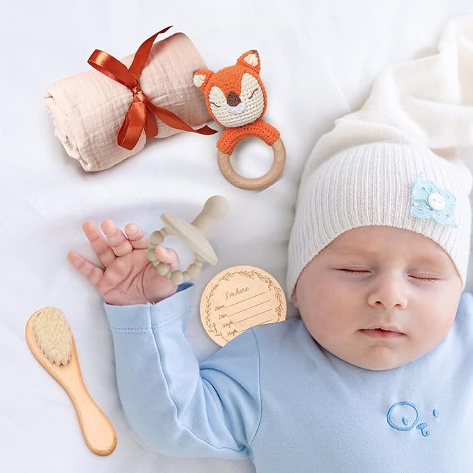 Baby Gift Set for Newborn, New Baby Bath Gift Set 7 Pcs, Baby Essentials Shower Set with Bath Towel+Teether+Rattle Toy+Pacifier Bag+Drool Towel+Brush+Wooden Milestone for Boy & Girls