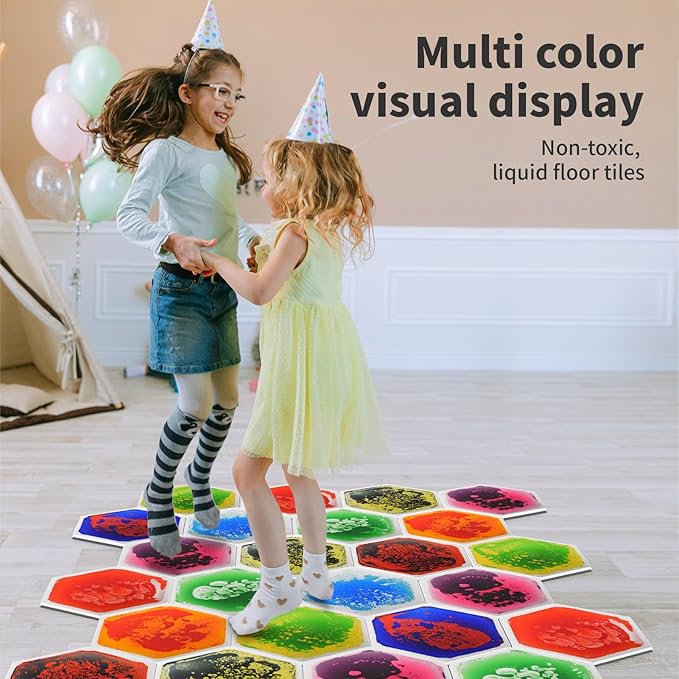 Art3d 9-Tile Hexagon Sensory Floor Tiles for Kids, Toddlers and Children, Colorful Liquid Sensory Activity Mat for Active Play and Decorative