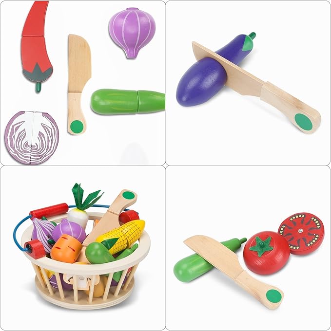 Victostar Magnetic Wooden Cutting Fruits Vegetables Food Play Toy Set with Basket for Kids