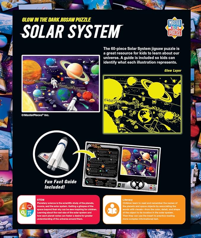 MasterPieces 60 Piece Glow in The Dark Jigsaw Puzzle for Kids - Solar System - 16.5"x12.75"