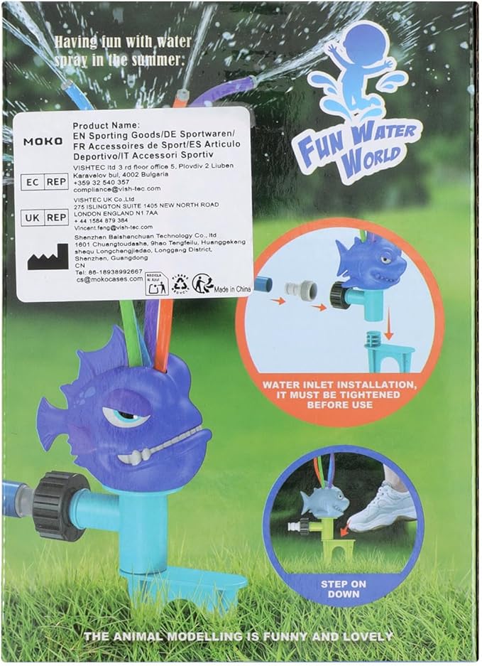 MoKo Water Sprinkler for Kids, Piranha Toddler Outdoor Toys with 4 Wiggle Tubes and Hose Clamp, Outdoor Play Toys Spray Up to 8ft, Summer Water Toys Sprinklers for Yard Lawn Garden Pool, Blue