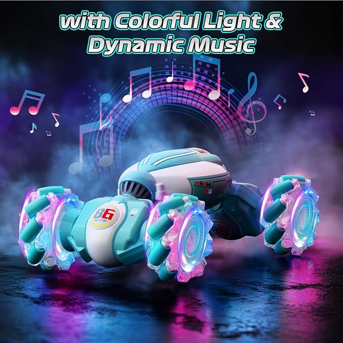 Gesture Sensing RC Stunt Car, Best Birthday Gift Ideas for Boys 6-12, Toys for Boys Age 8/9/10/11/12, 4WD 2.4GHz Remote Control Twist Car with Light & Music, Off Road 360° Rotating