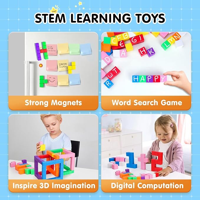 64 Pcs Magnetic Blocks, Magnet Blocks, Magnetic Cubes Blocks for Kids, Learning Educational Stem Blocks for Kids Ages 4-8