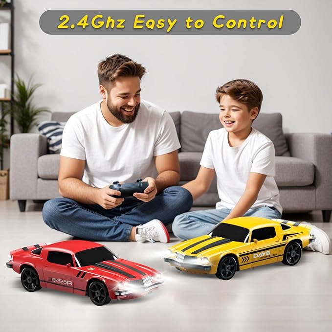 RC Drift Car - 1/24 4WD Remote Control With LED Light, 2.4GHz High Speed, Two Rechargeable Batteries and Drift Tires for Kids and Adults, Boys and Girls, Yellow