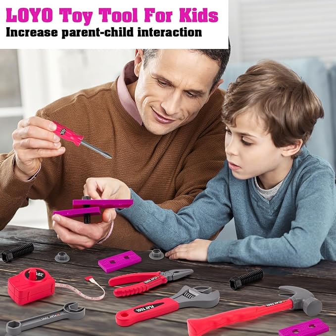 LOYO Kids Tool Set - Toddler Tool Set with Kid Tool Belt Tool Box & Electronic Toy Drill, Kids Construction Toys for Girls Boys Gift for Toddlers Girls Ages 3 , 4, 5, 6, 7 Years Old