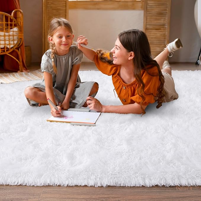Super Fluffy Area Rug for Bedroom, Modern Shag White Area Rugs, Soft Plush Small Carpet for Kids,Girls Boys and Teens Decorations for Living Room Dorm Nursery Classroom, 8x10 Feet