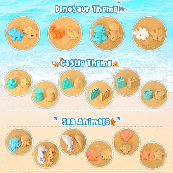 Beach Toys, 23Pcs Sand Toys, Sandbox Toys with Dump Truck, Collapsible Sand Bucket, Shovel Set, Sand Castle Kit, Animal Dinosaur Molds, Mesh Bag, Travel Toys for Kids Toddlers Boys Girls