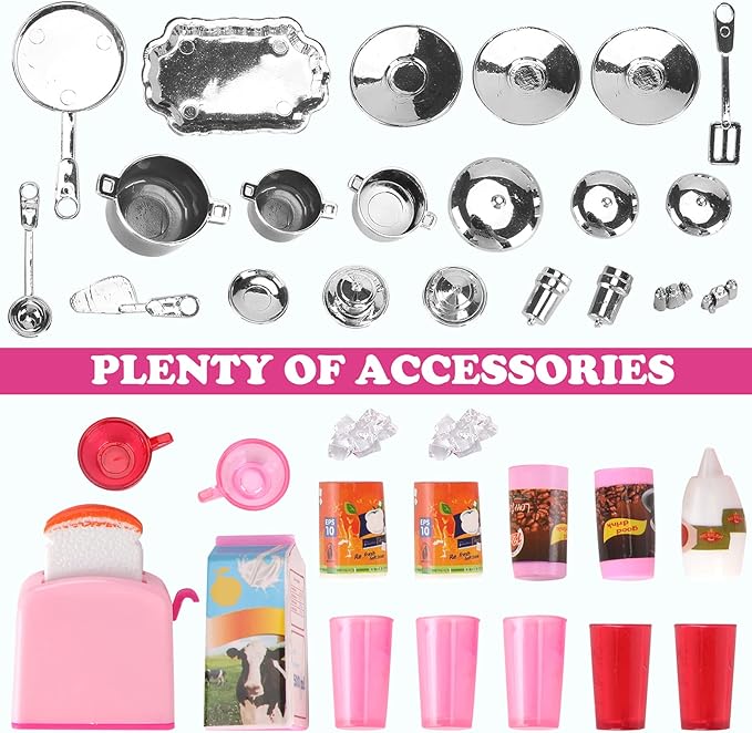 Doll Kitchen Playset for Kids, My Modern Mini Kitchen House Furniture Pretend Play Toy Accessories Set with Realistic Lights & Sounds for Toddlers, Girls (4-in-1 w/Doll)