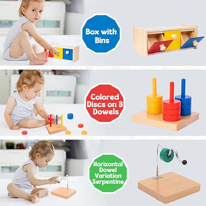 Adena Montessori Play Kit for 13-15 Month Baby,10 in 1 Wooden Learning Educational Toys for Toddler,Include Color Pegs&Rings,Object Permanence Ball Push and More,Christmas Birthday Gift for Boys Girl