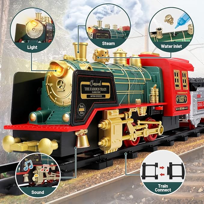 Remote Control Train Set - Electric R/C Train Toy for Kids w/Smokes,Lights & Sound,Railway Kits w/Steam Locomotive Engine,Cargo Cars & Tracks, Christmas Toys for 3 + Year Old Kids