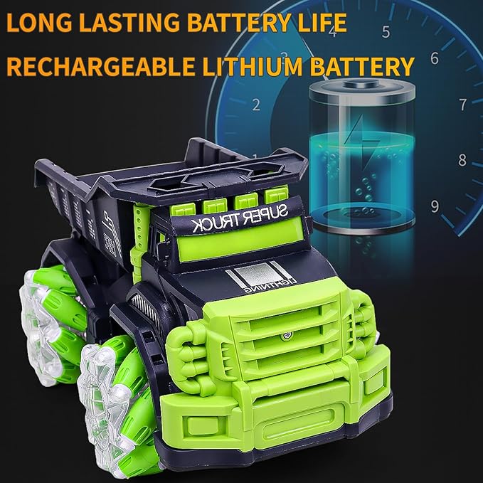 Remote Control Dump Truck,RC Stunt Car with Light & Music,RC Cars Gifts for Boys,Toy Cars for Kids 4 5 6 7 8 9 10 11 12 Yr Birthday Christmas(2 Batteries)