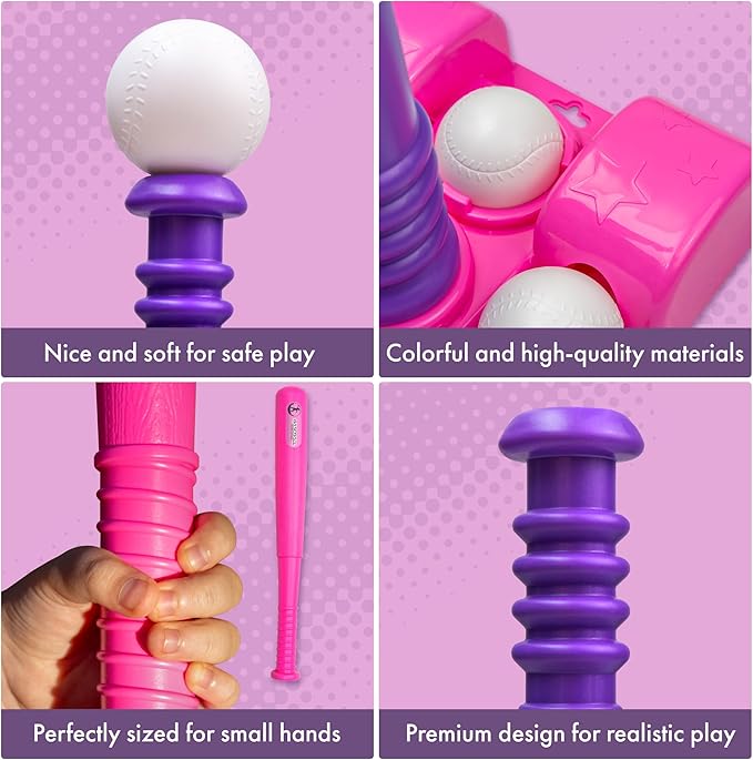 T Ball Stand for Kids and Toddlers 1-3, 3-5, 5-8. Baseball Set Includes 6 Large Balls, an Adjustable Tball Batting Tee, and a Pitching Machine. Kids Bat and T-Ball Set