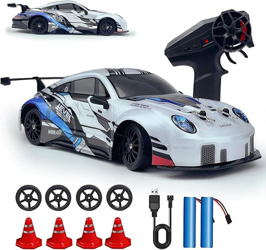 RC Drift Car 2.4GHz 1:24 Scale 4WD High Speed Remote Control Cars Vehicle with LED Lights Two Batteries and Drifting Tires Racing Sport Toy Cars for Adults Boys Girls Kids