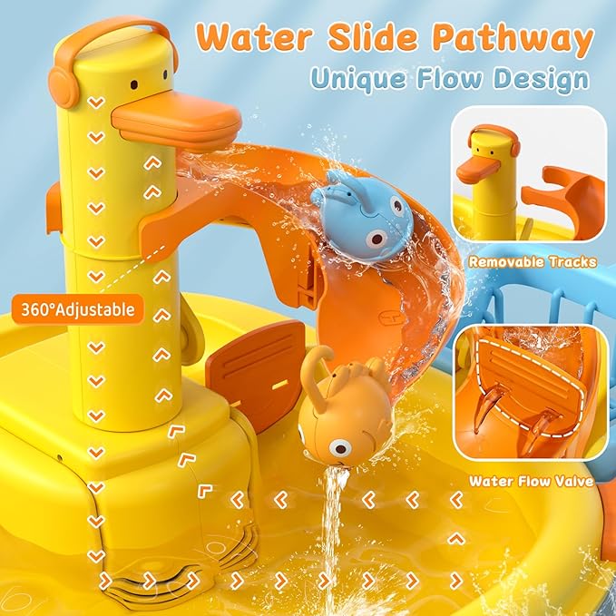 3-IN-1 Play Sink with Running Water, Kids Kitchen Sink Toys with Electric Duck Faucet, Pretend play kitchen accessories, play food, Water Slide Track, Pool Floating Fishing Game Gift Toy for BoysGirls