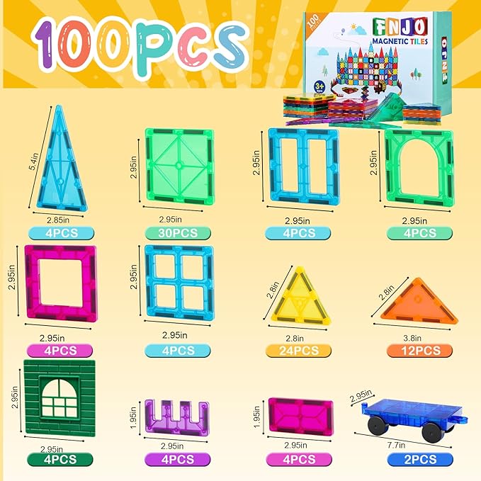 FNJO Magnetic Tiles, 100PCS Building Blocks, Magnets Building Set, STEM Construction Stacking Toy Gift for Kids 3+ Boys and Girls Preschool Kindergarden Toy