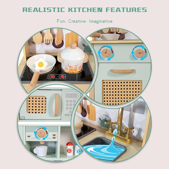 Garsing Play Kitchen for Kids Toddlers with Sounds, Wooden Kids Kitchen Playset with Realistic Features, Modern Toy Kitchen Sets with Storage and Accessories for Boys Girls, Age 3+, Green