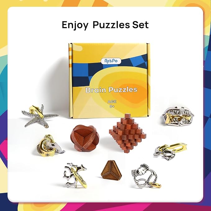 9pcs Difficulty Retro Wooden and Metal Puzzles Challenging Game for Adults, Teens, and Kids Brain Teaser Cool Mind Puzzles