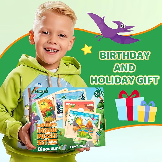 4 Pack Dinosaur Wooden Puzzles for Kids Ages 3-8 - 24-Piece Toddler Puzzles with Seasons - Educational Montessori Dino Toys for Boys Girls - Birthday Christmas Easter Gift for Kids 3 4 5 6 7 Year Old