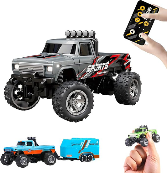Atlodas Mini Rc Truck, Mini RC Monster Truck, 1:64 Scale Monster Truck Remote Control Car with Lights, 2.4Ghz Remote Control, Speed/Steering Adjustable (Grey)