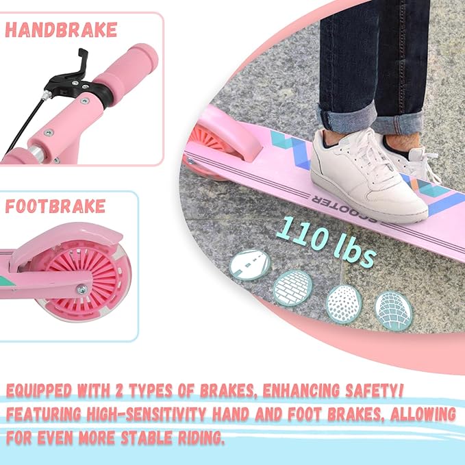 TENBOOM Scooter Kids Scooter with Handbrake, Toddler Scooter Scooters for Kids 3+, Light up LED Wheels Toys for Kids, Adjustable Handlebar, Foldable Scooter for Kids