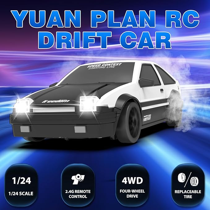 Remote Control Car RC Drift Car, 1/24 RC Car 2.4GHz 4WD RC Drift Racing Car High Speed RC Cars with Cool Lights, Rechargeable Battery and Extra Tires Toys for Kids (White)