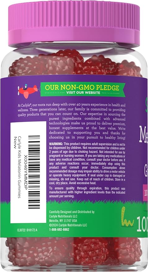 Carlyle Kids Melatonin Gummies | 1 mg 100 Count | Fruit Flavor Gummy | Vegan, Non-GMO, Gluten Free | by Lil Sprouts