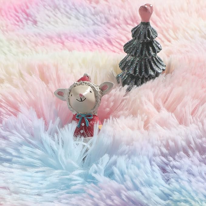 Amdrebio Rainbow Fluffy Round Rug 4Ft Kids Rugs for Girls Bedroom, Unicorn Room Decor, Colorful Pastel Shag Carpet for Preppy Dorm, Soft Cute Fuzzy Kawaii Circle Area Rugs for Baby Nursery, Playroom