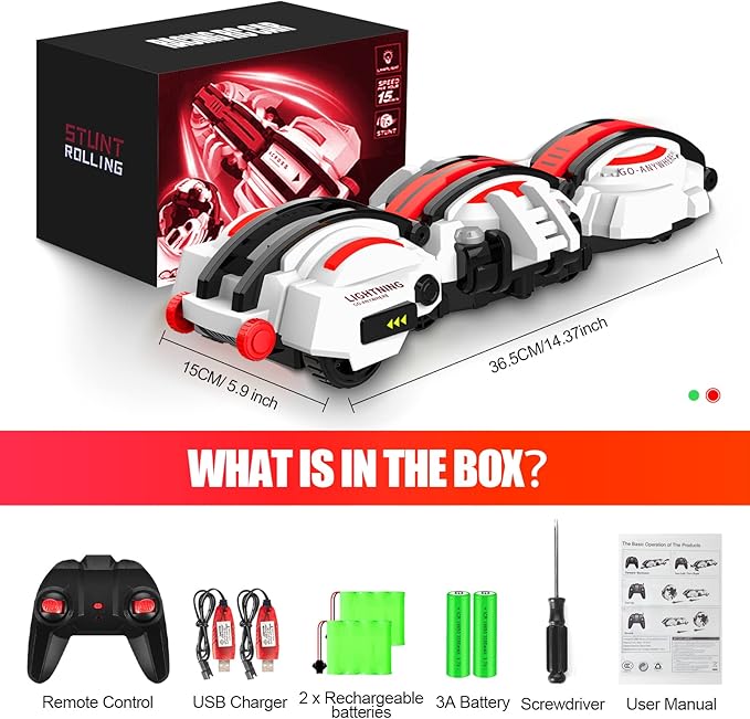 BAZADER RC Car with LED Lights - Remote Control Car Snakes 360° Roll Toy, Birthday for Kids Age 7 8 9 10 11+ Year Old, 2 Batteries 60+min, Indoor/Outdoor Toy for 6-12 yr Teen Boys