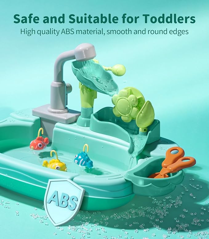 Geyiie Play Sink with Running Water, 14.5''L x 9.4''W x 11.6''H Mini Kitchen Sink Toys for Toddlers, Includes Electric Faucet, Play Food, Fishing Game and Waterwheel - Sensory Toys for Girls and Boys