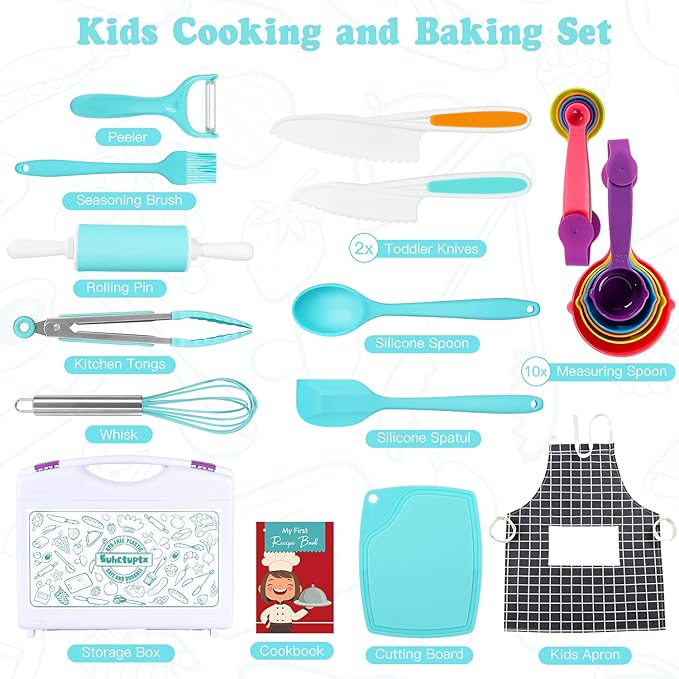 Kids Cooking Sets Real, Kids Cooking & Baking Set with Storage Case Kid Safe Knives Cutting Board Apron Cookbook Toddler Cooking Utensils, Montessori Kitchen Tools, Birthday Gifts Toys for Girls Boys