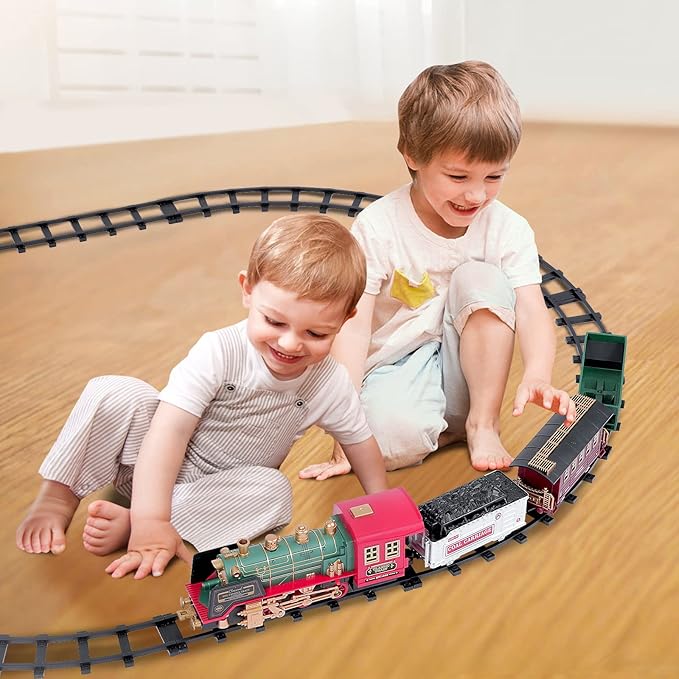 Train Set for Christmas Tree, Updated Chargeable Remote Control Electric Train Toy for Boys Girls w/Smokes, Lights & Sound, Railway Kits w/Steam Locomotive Engine, for 2 3 4 5 6 7 8+ Year Old Kids