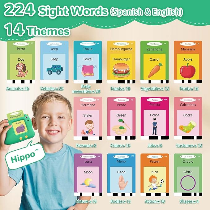 Spanish Talking Flash Cards Bilingual - Toddler Toys for 2 3 4 5 Year Old Boys and Girls, Autism Sensory Toys for Kids Learning Montessori, Español/English Speech Therapy Preschool Gifts