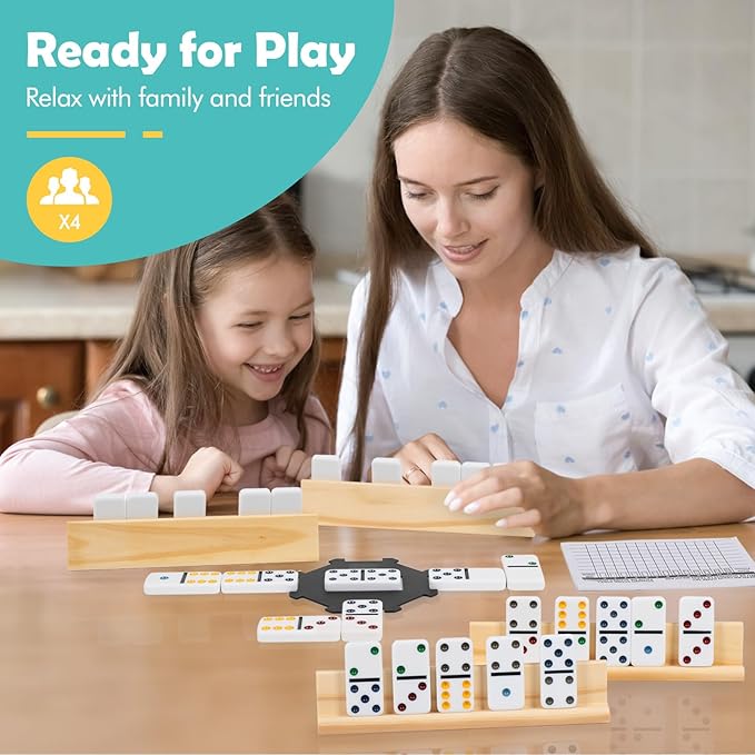 DAILYLIFE Dominoes for Kids, Double 6 Dominoes Set with 4 Wooden Racks/Trays, Double Six Dominoes Set with Portable Case, 28 Tiles Dominos Set for Family Board Games