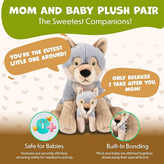 Mom and Baby Stuffed Animals for Boys & Girls, Safari Baby Shower Decorations, Nursery Decor, Zoo Animals for Toddlers, Quality Realistic Toys for Kids, Cute, Soft, Huggable, Squeezable (9.5" Wolf)