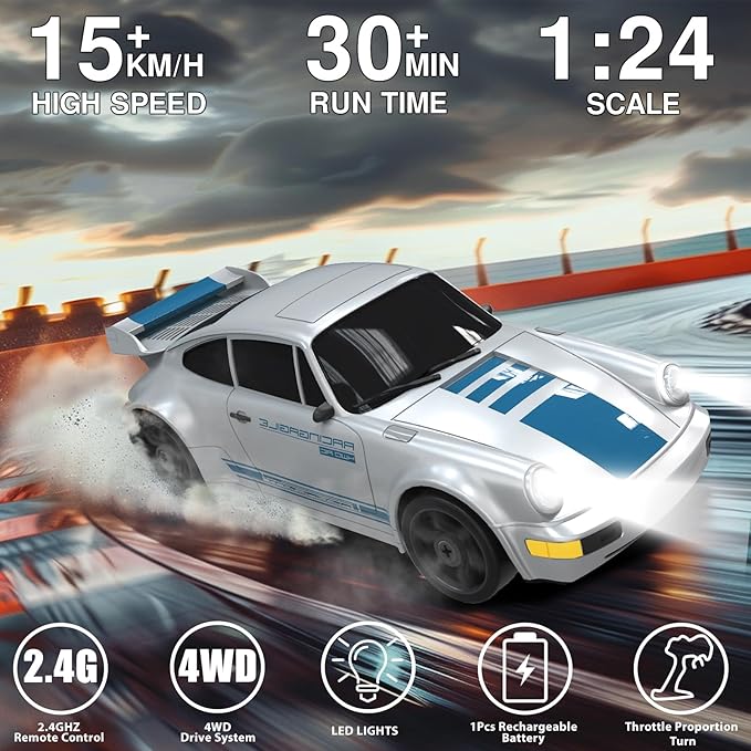 RC Drift Car 1:24 Remote Control Car 4WD 15KM/H High Speed Racing Sport Car with LED Lights RC Cars Toy Cars for Kids Boys Girls Adults Gifts Birthday Christmas Rechargeable Batteries