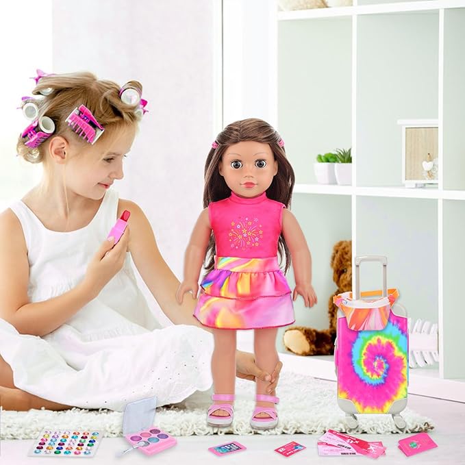 K.T. Fancy 14 PCS American 18 Inch Doll Travel Accessories Set - Rainbow Tie-Dye Suitcase Luggage with Waist Bag, Clothes, Makeup Kit, Phone Passport & Stickers (No Doll Included) Gift for Girls
