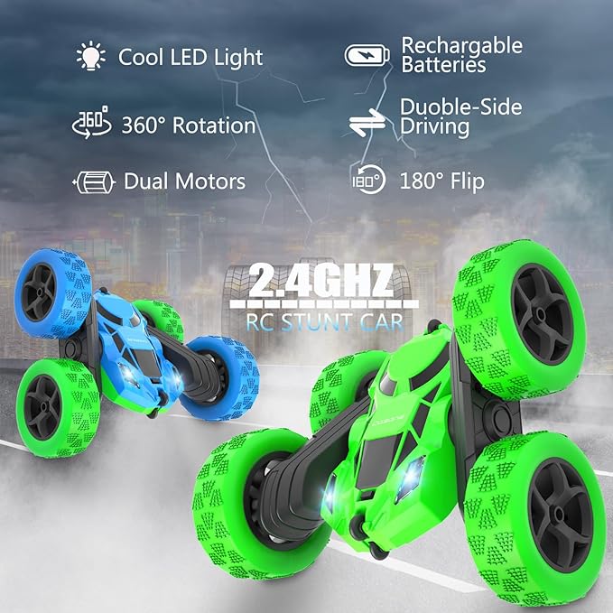 Remote Control Car - RC Car Toys for Boys - 4WD 2.4Ghz Double Sided 360° Rotating RC Cars, Birthday Gifts for Kids Age 6 7 8-12 for Boys and Girls- Green