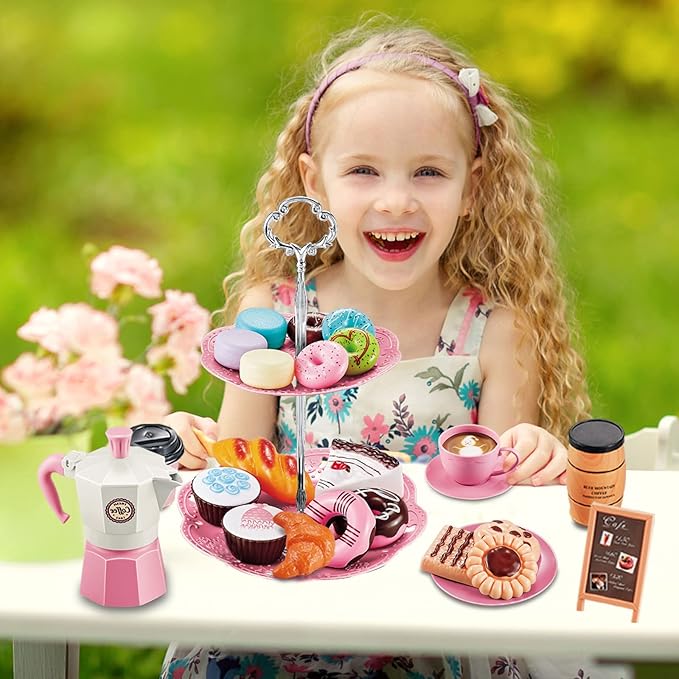Pretend Tea Party Set for Little Girls, 41 PCS Coffee Maker Set and Play Food Dessert Set for Kids Age 3 4 5 6 7 8 9（Pink）